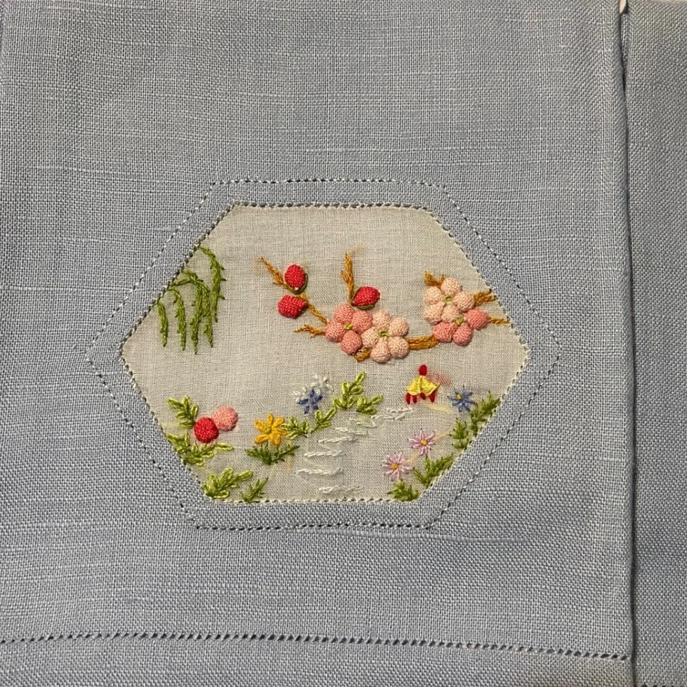 Guest‎ Towels Set of 3 Blue Excellent Hand Embroidered Chinoiserie Linen